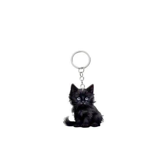 2D Black Kitten Keychain with Blue Eyes - Picture 1 of 3